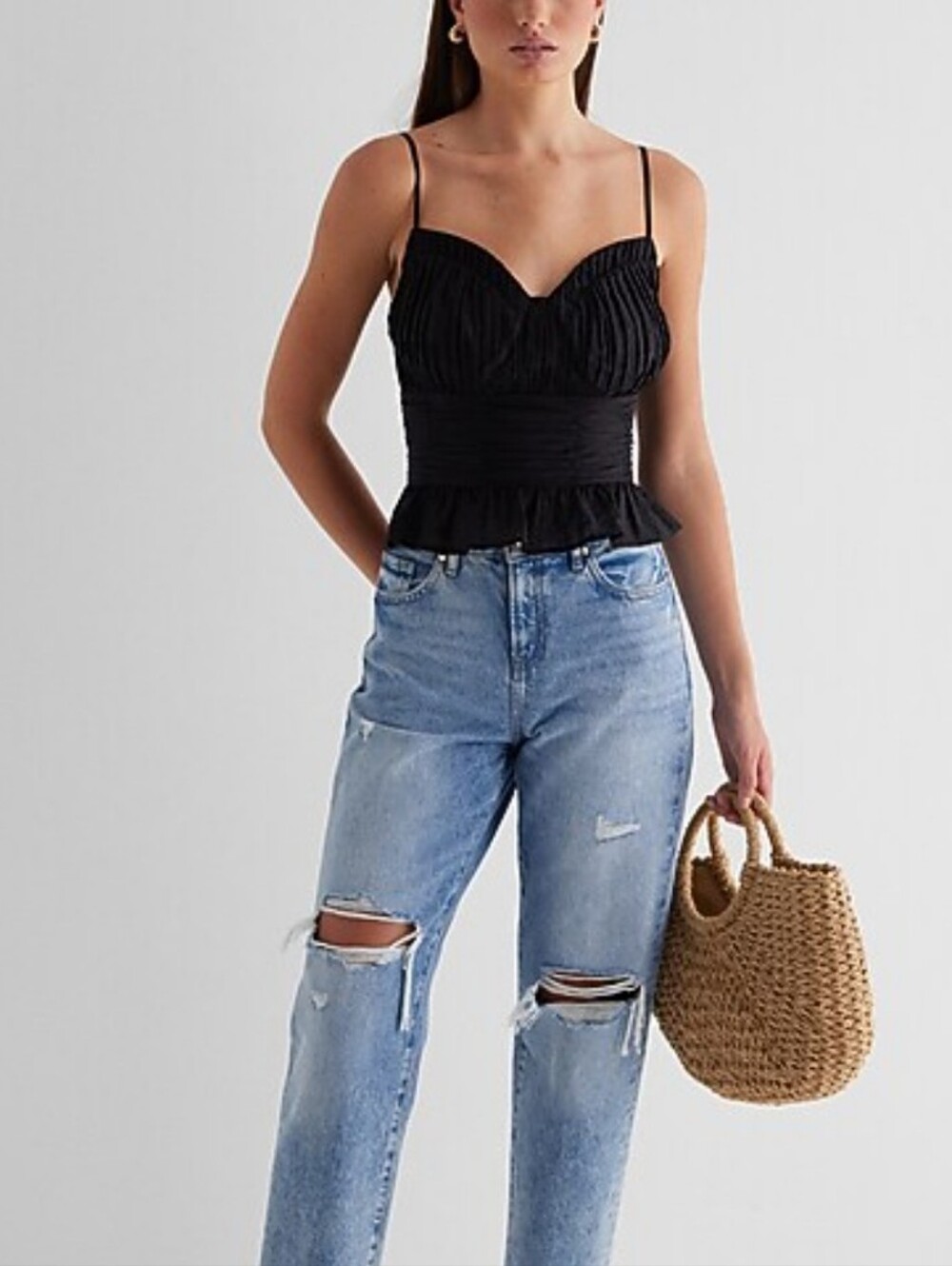Express Black Ruched Sweetheart Peplum Cami Top SZ M Black